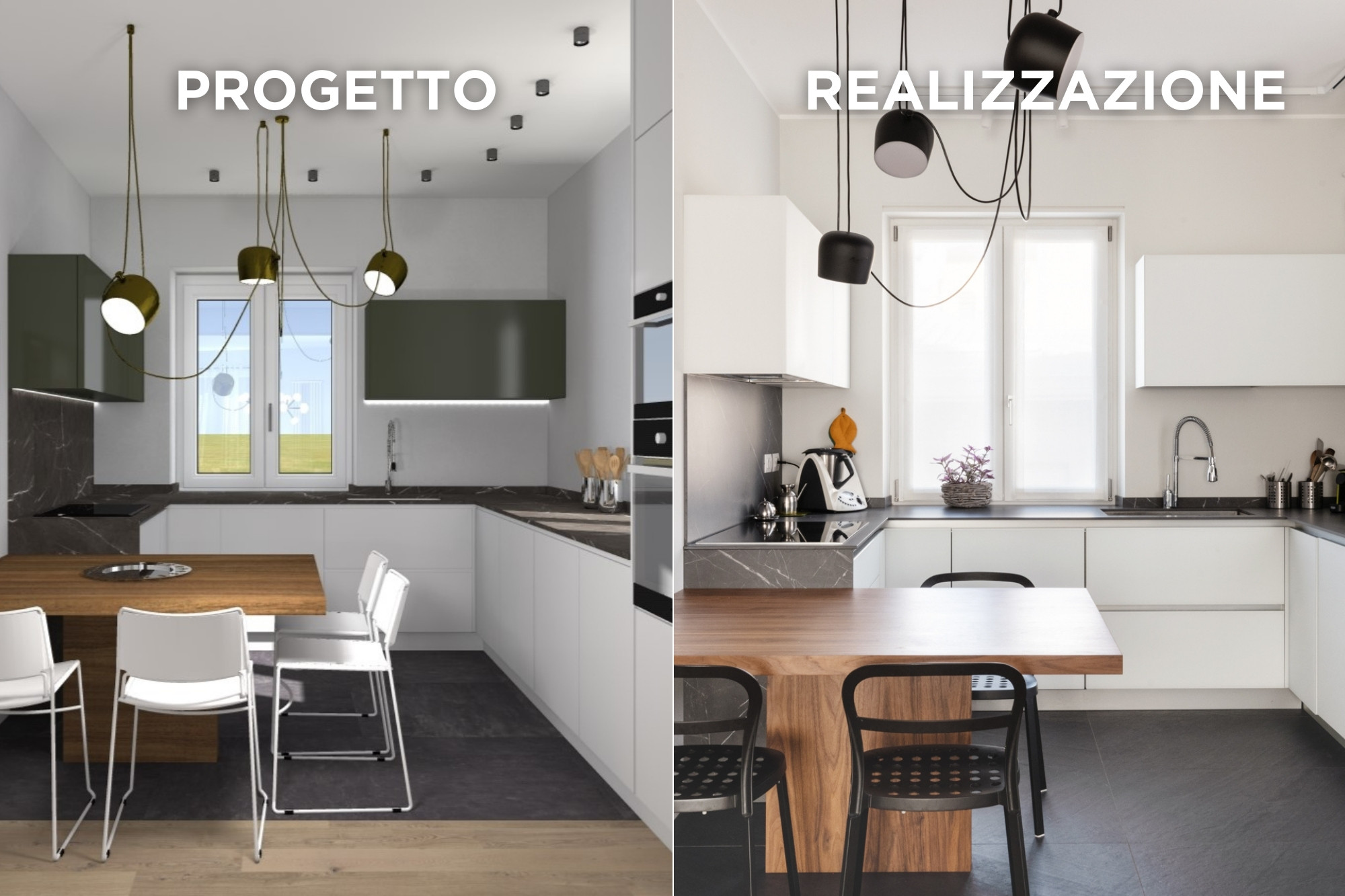 Progetto e realizzazione di una cucina moderna: il risultato finale fedele al rendering iniziale grazie a professionisti che evitano problemi di ristrutturazione casa.