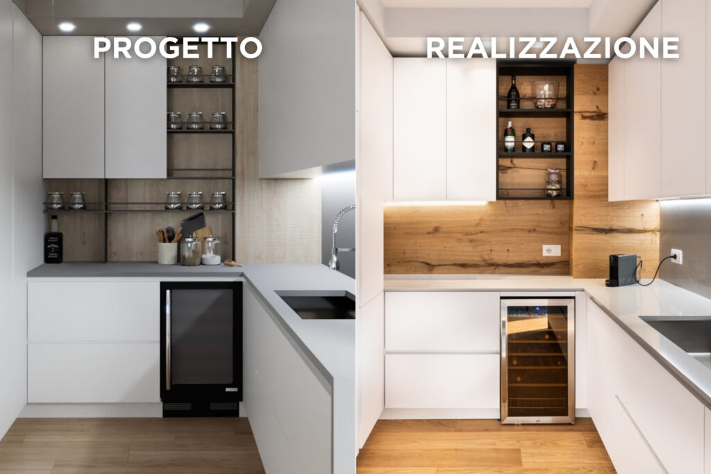 Confronto tra il progetto e la realizzazione di una cucina moderna, con attenzione ai dettagli e fedeltà al design iniziale - Problemi di ristrutturazione casa