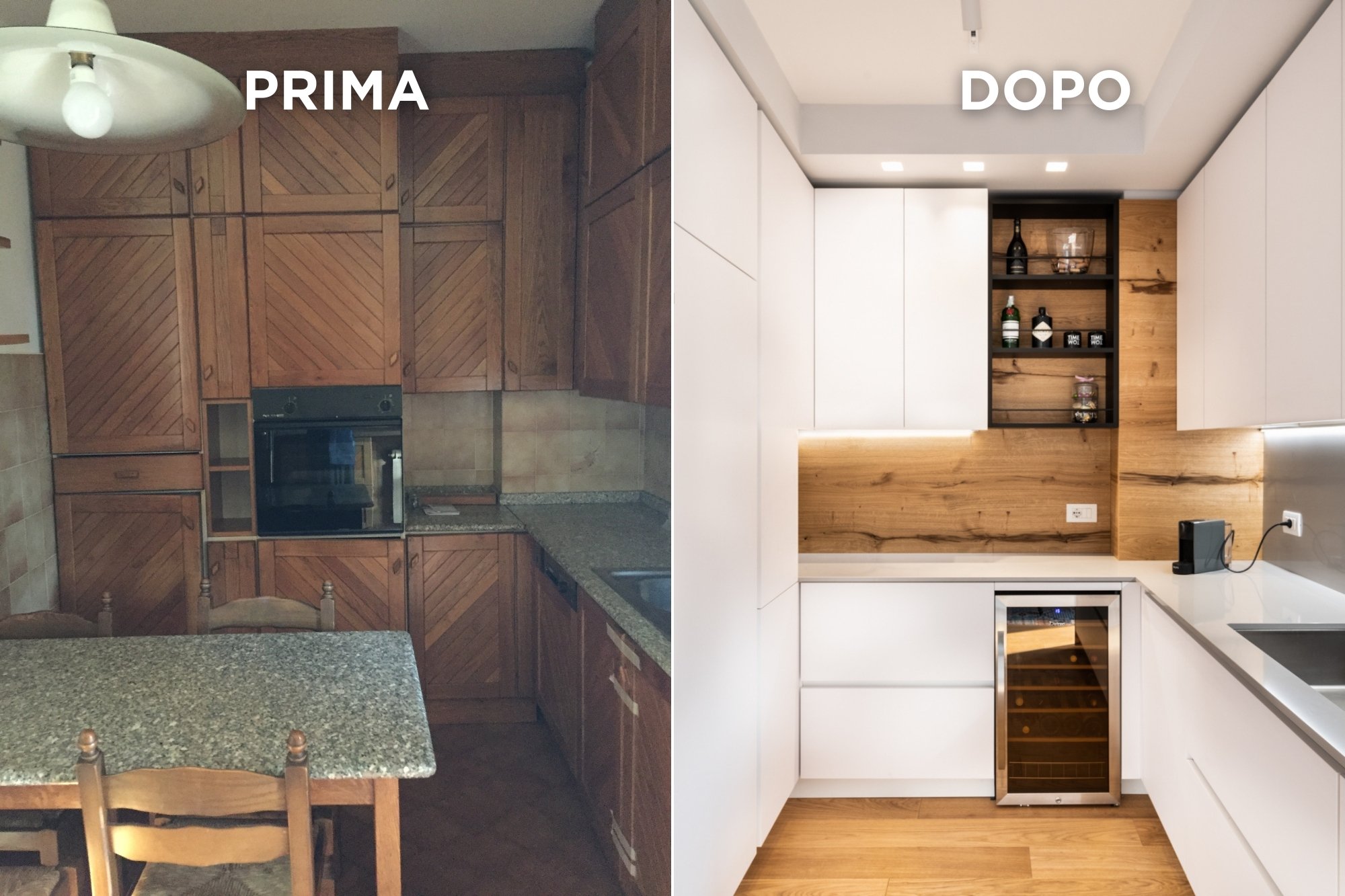 Confronto prima e dopo di una cucina ristrutturata con design moderno e materiali di qualità, ottenuta grazie alle corrette fasi di ristrutturazione.